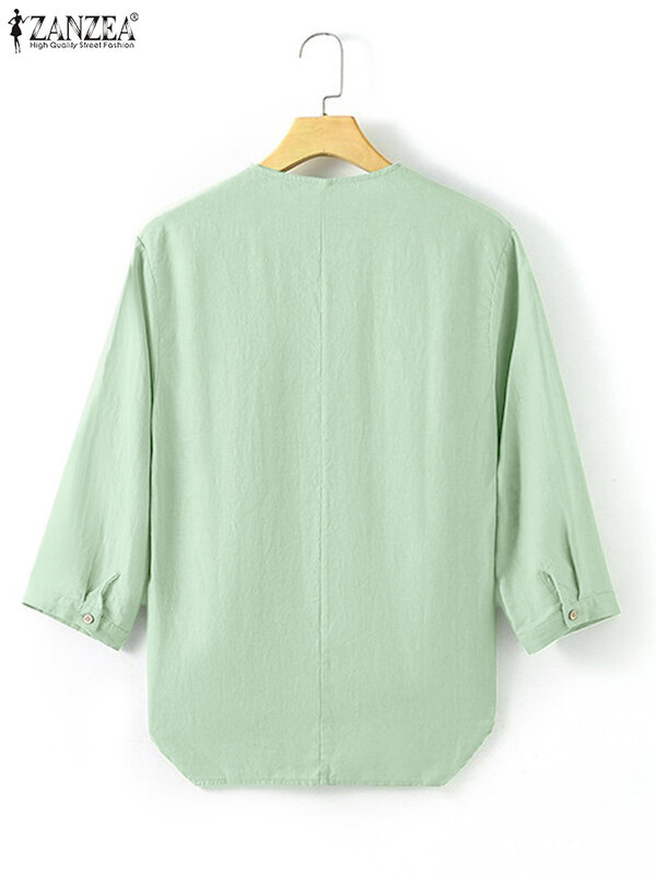 ZANZEA-Blusa informal de Color liso para Mujer, camisa de calle de manga 3/4, Túnica de cuello redondo, Tops Vintage para fiesta, Primavera