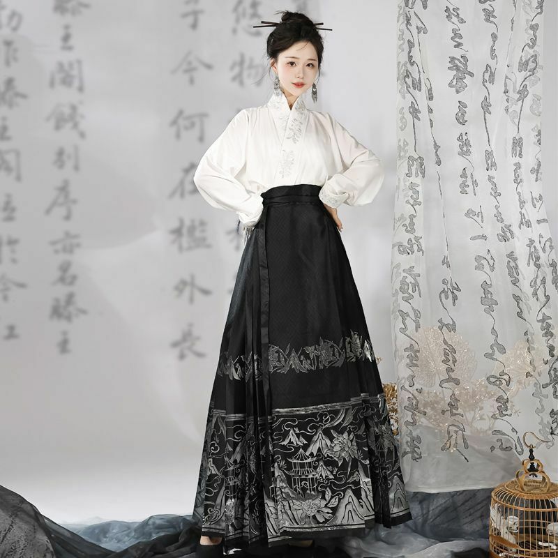Saia de rosto de cavalo hanfu melhorada para mulheres, tecelagem tradicional chinesa, plus size, pregas douradas, verde, azul, preto