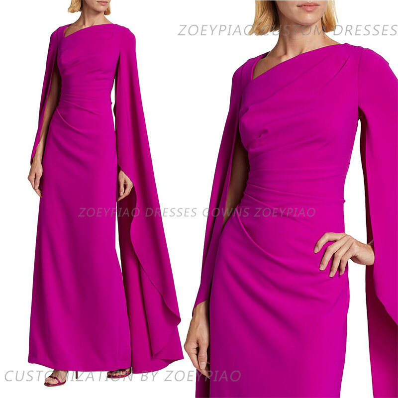 Vintage Fuschia Long Sleeve Satin Prom Dresses Pleated Cape Sleeves Evening Dresses Robes The Soirée Floor Length Party Gowns