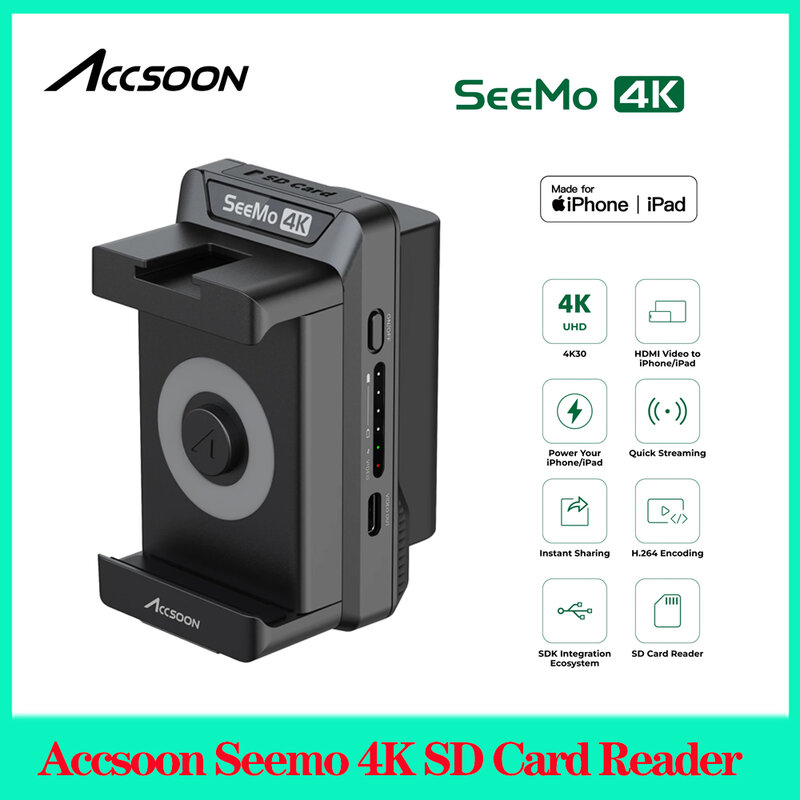 Accsoon Seemo lector de tarjetas SD 4K para iPhone, carga H.264, grabación, compartir vídeo, transmisión en vivo, captura, Monitor, accesorios