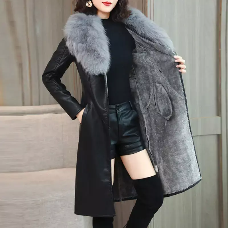Abrigo de piel sintética para mujer, chaqueta ajustada de longitud media con cintura ajustable, color liso, a la moda, para otoño e invierno, 2023