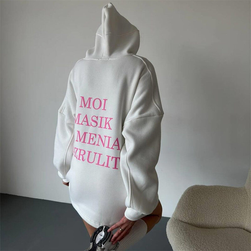 Autumn And Winter Warm Large Edition Mid Length Lazy Thickened Letter Print Contrast Hoodie Women's Trendy Brand