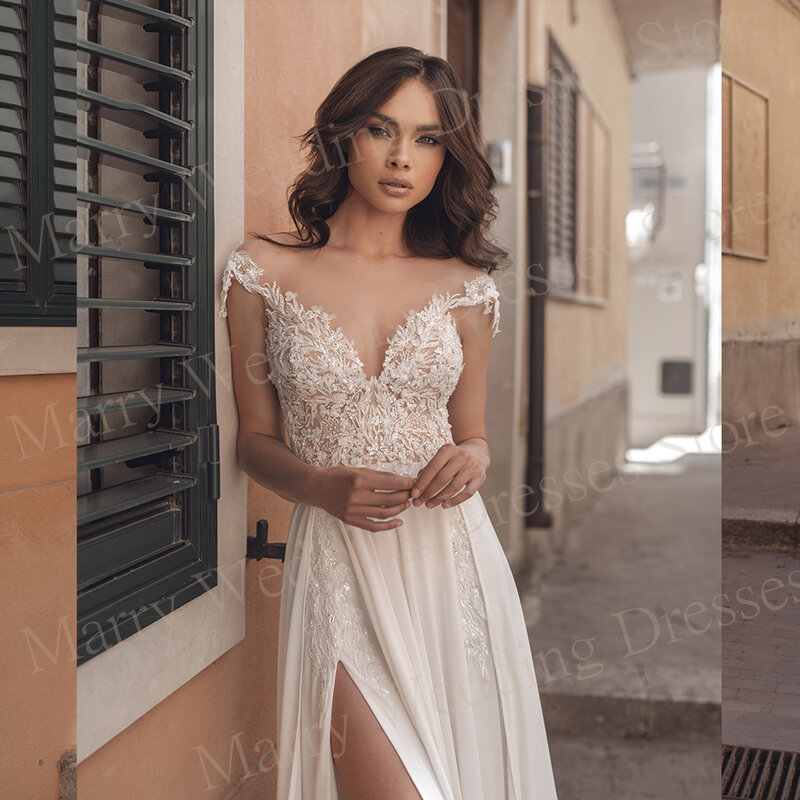 2024 gaun pernikahan wanita model Boho anggun A Line gaun pengantin applique renda menawan Off The Shoulder Side Split Robe De Mariee