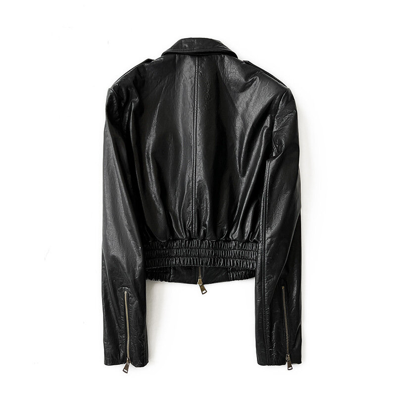 Jaqueta curta de couro verdadeira feminina, jaquetas enceradas de motocicleta, manga comprida, textura vintage, moda luxuosa, 2024