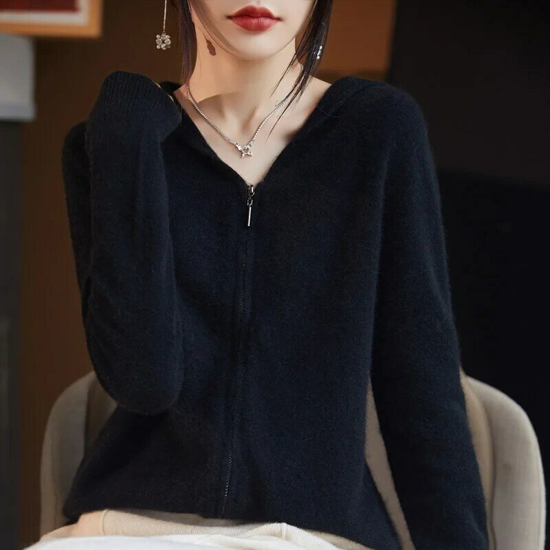 2023 Autumn and Winter Women's New Woolen Sweater Knitted Hooded Zipper Cardigan Loose Sweater Coat Top