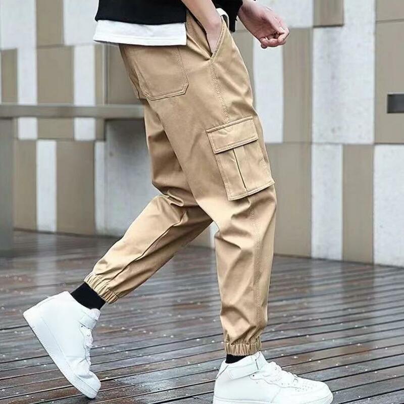 Lightweight Men Trousers Men's Cargo Pants with Ankle-banded Design Multiple Pockets Elastic Waist for Gym Training for Plus
