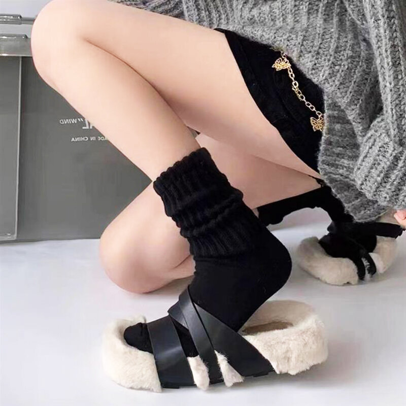 Gadis manis rajutan kaus kaki panjang wanita tabung tengah Lolita Boot manset Ruffles longgar musim gugur musim dingin warna Solid Crochet stoking