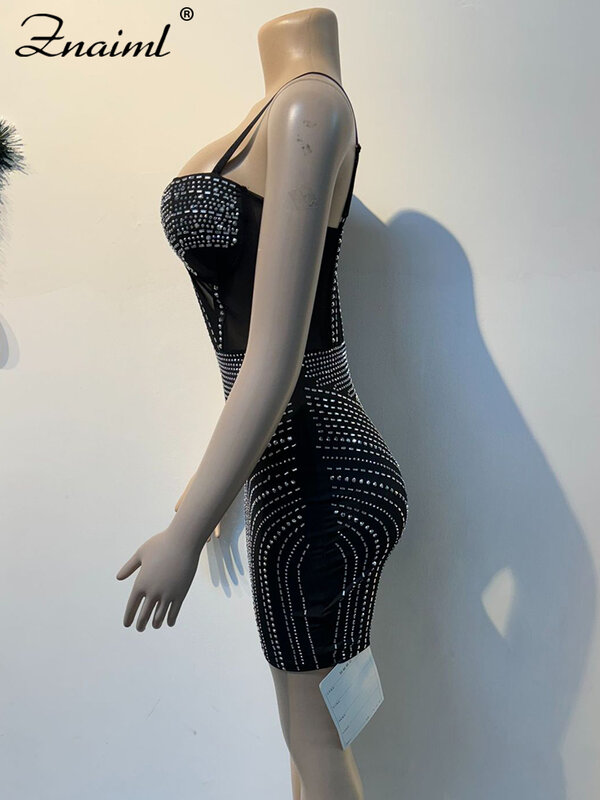 Znaiml-Mini vestido Bodycon sem mangas para mulheres, ver através dos diamantes, cinta de espaguete, malha vermelha, sexy, aniversário, boate, luxo