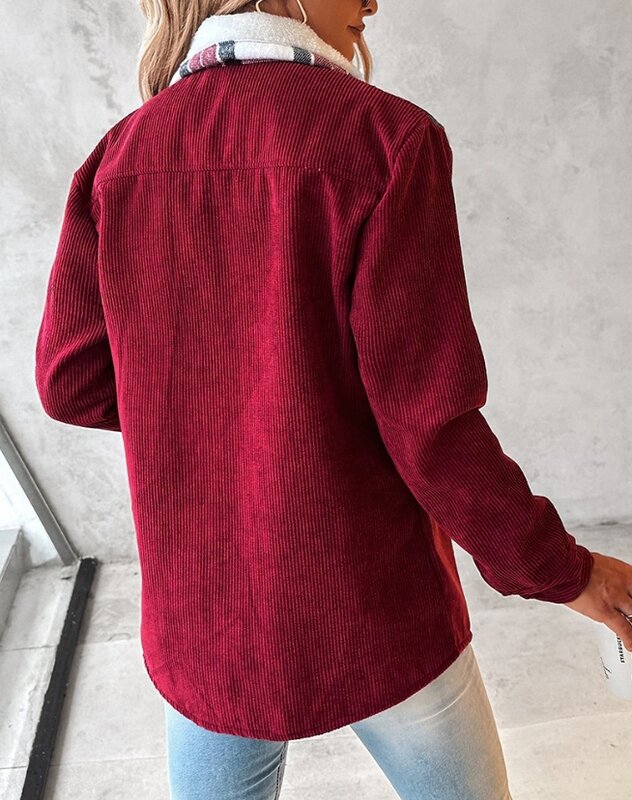 Jacke für Frauen 2023 Herbst Winter neue lässige Color block Plaid Print Cord gefüttert Shacket Mantel weibliche Kleidung Outfits