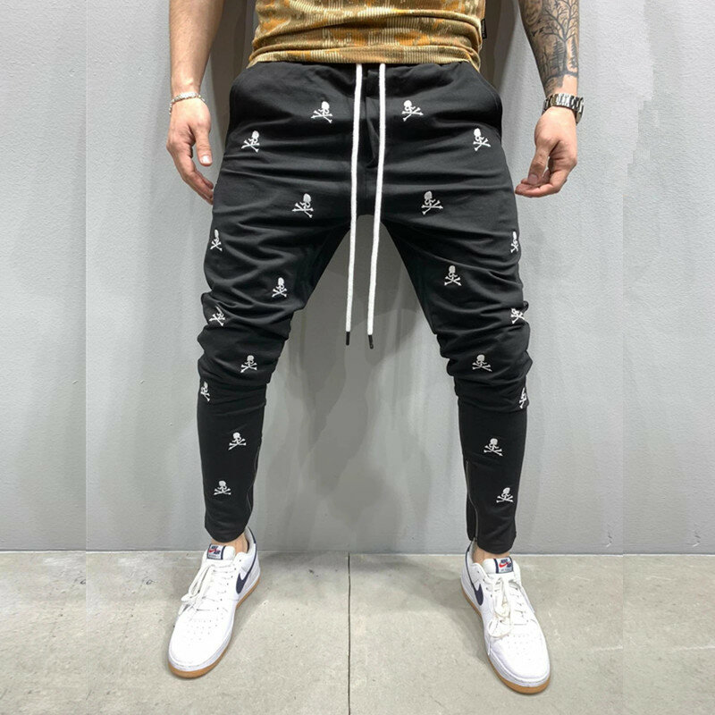 Pantalones tácticos de Jogging para hombre, pantalón informal ajustado con bordado de calavera Harajuku, estilo Hip Hop, con cremallera, color negro, novedad