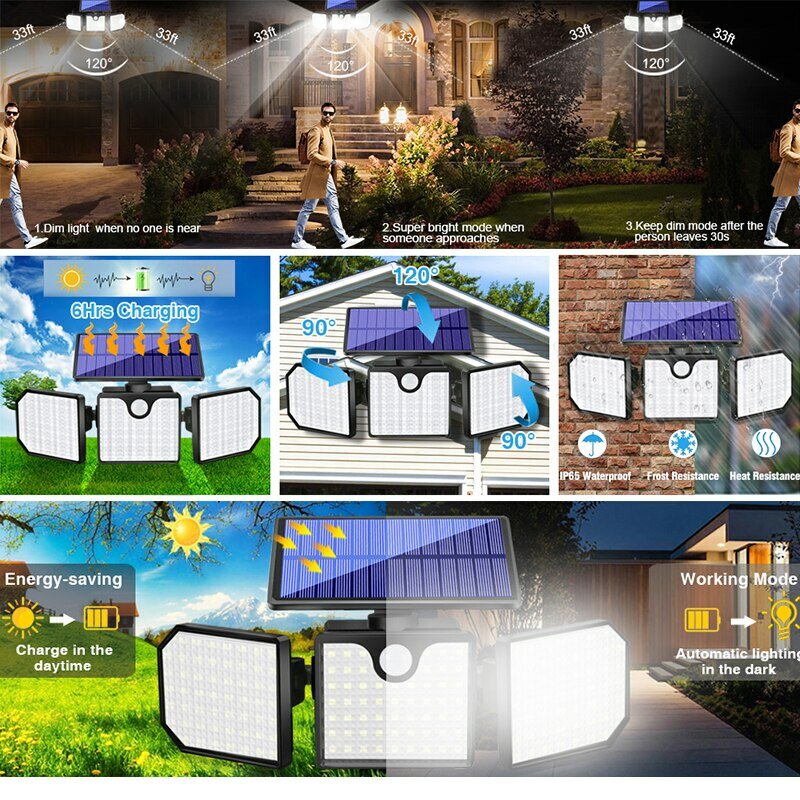 태양광 벽 램프 가로등, 야외 방수 인체 적외선 센서 램프, 정원 램프, 230LED 투광 조명, 1PC