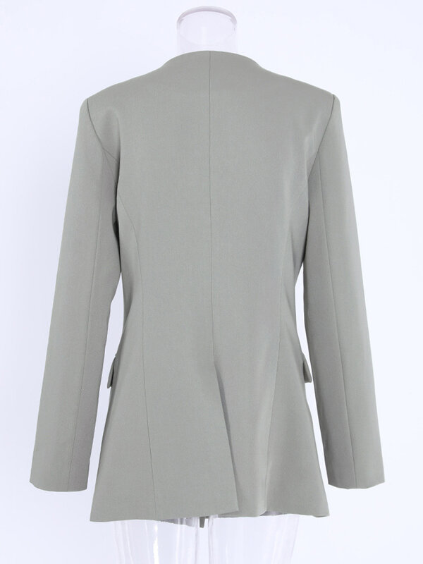 Женский блейзер с длинным рукавом EAM, серый пиджак с V-образным вырезом, на пуговицах, с перекрестными вырезами, весна-осень 2024