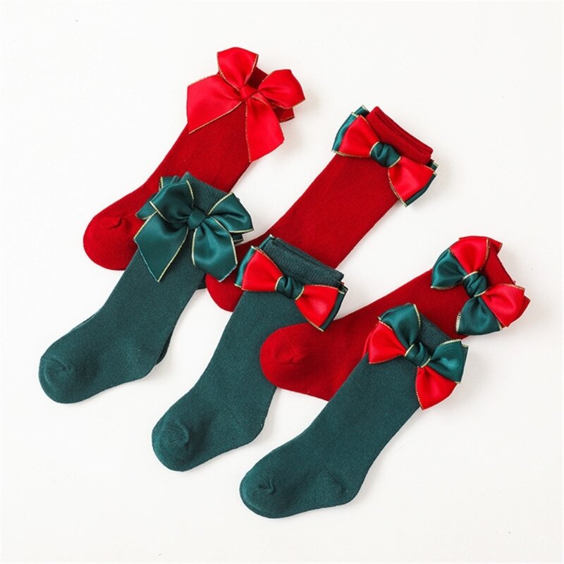 2 пары рождественских носков с украшением в виде банта, однотонные чулки до колена