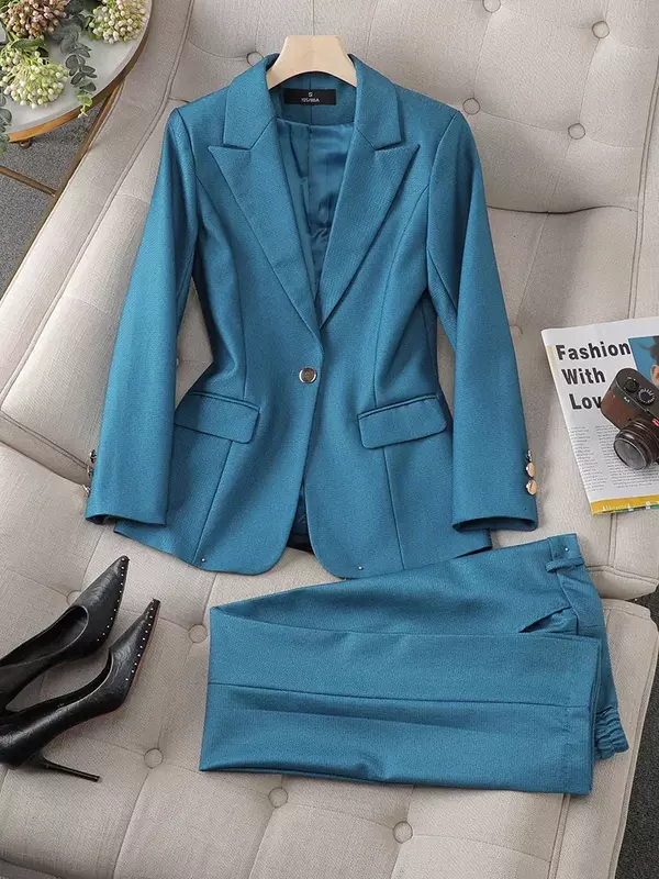 Blazer e calças formais para mulheres, jaqueta roxa e azul, roupa de trabalho feminina, conjunto de 2 peças