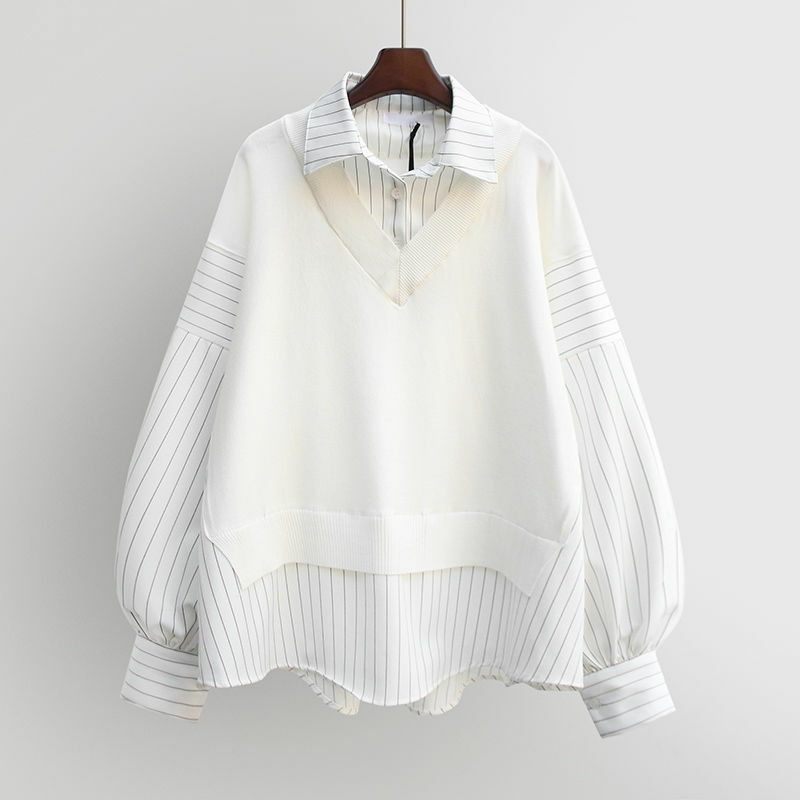 HOUZHOU-Blusa listrada preta feminina, 2 peças falsas, de malha, oversize, camisa branca, básica, manga comprida, coreana, vintage, Harajuku