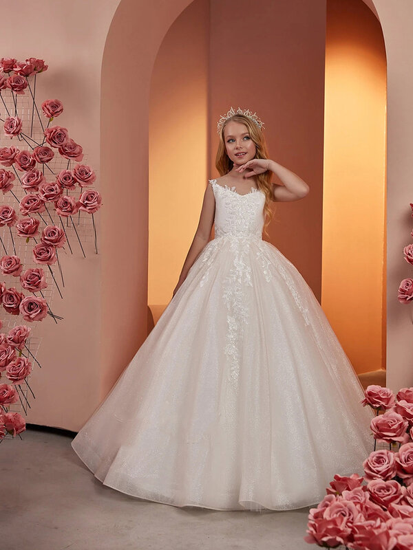 Dziewczęca sukienka w kwiaty bez rękawów na ślub koronkowy tiul z peleryną bufiastą lśniącą elegancką suknię urodzinową księżniczki pierwszej komunii 2024