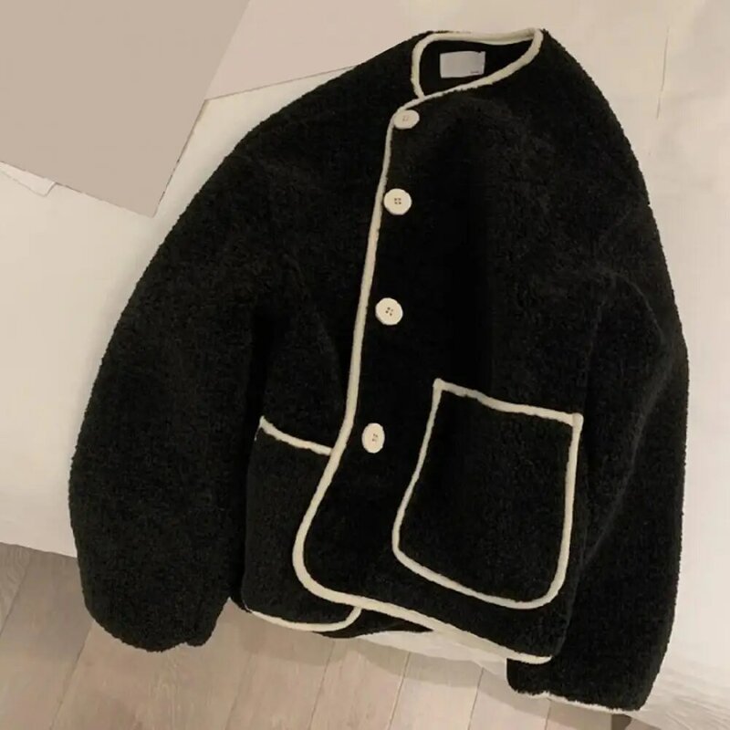Abrigo de lana gruesa para mujer, cárdigan de manga larga, botonadura única, bolsillos de Color de contraste, OL Styel, Otoño e Invierno