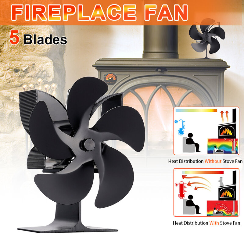 5 Blades Heat Powered Stove Fan Log Wood Burner Quiet Eco Energy Saving Fireplace Fan Heater Home Efficient Heat Distribution