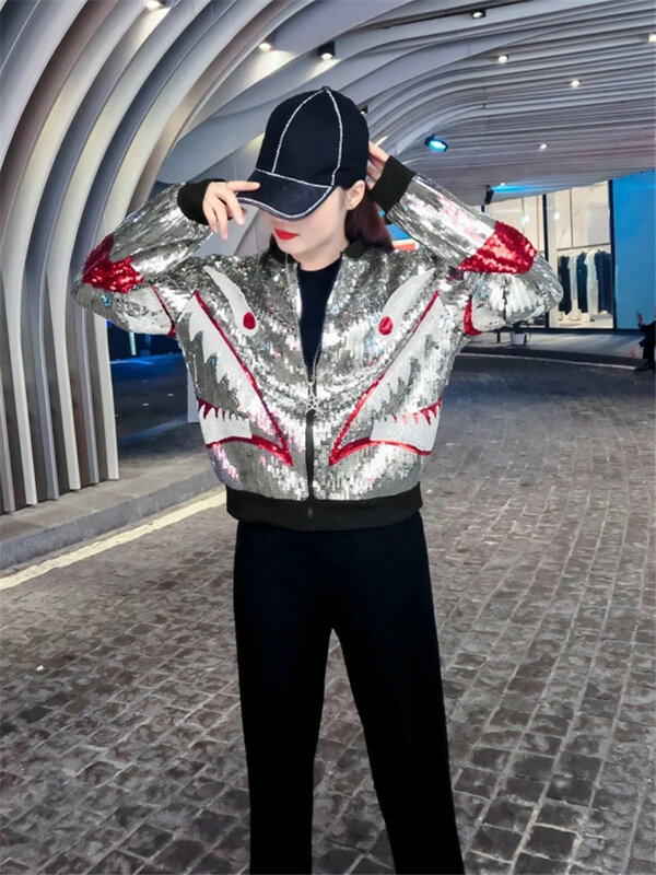 Autunno inverno innamorati giacca 2022 abbigliamento donna sciolto femminile Hip Hop sciolto squalo Paillette cerniera Fashion Street coreano