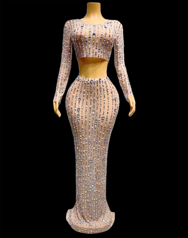 Xianglian-Conjunto de 2 piezas para mujer, Top con diamantes de imitación brillantes, falda larga elástica, vestido de fiesta de noche, vestido de cumpleaños, 2024