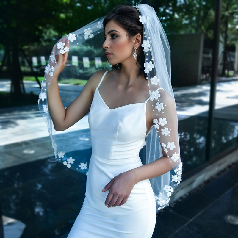 الحجاب الزفاف اللؤلؤ طبقة واحدة ، زخرفة رومانسية ، جميلة ، BL4052