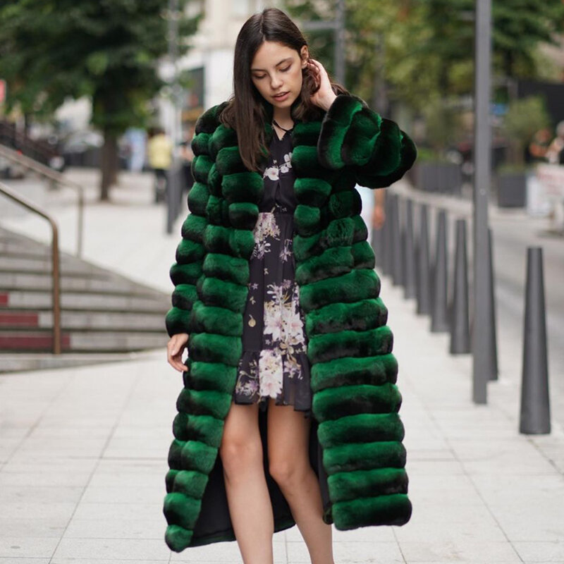 Damskie długi płaszcz zimowy szynszyla luksusowe prawdziwe futro królika Rex płaszcze damskie futro ciepłe bestseller