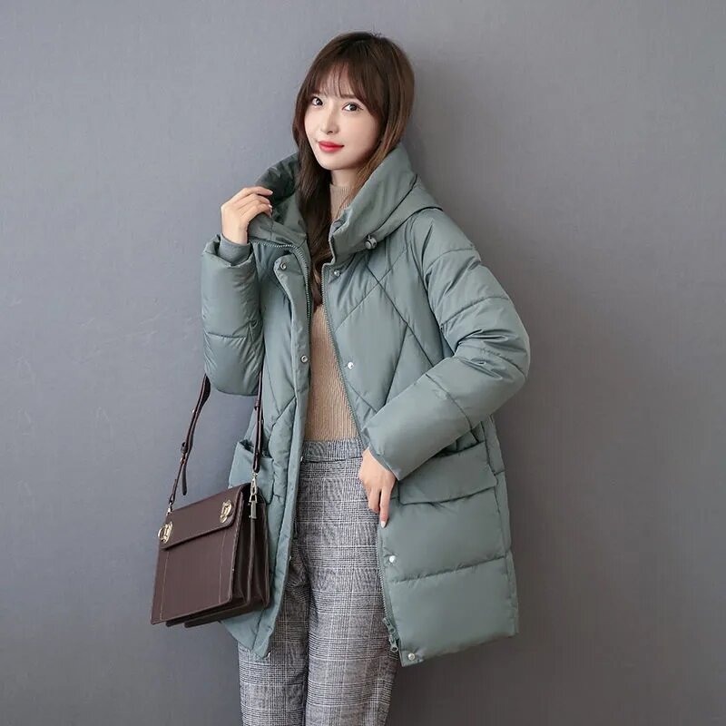 Mid-Length Womens Down Cotton Coat Windproof Hooded Winter Jacket Casual Loose Puffer Parkas Zipper Outwear Padded Jacket Parkas