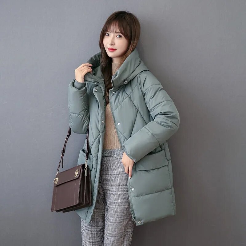 Mittellange Damen Daunen Baumwoll mantel wind dichte Kapuze Winter jacke lässig lose Puffer Parkas Reiß verschluss Outwear gepolsterte Jacke Parkas