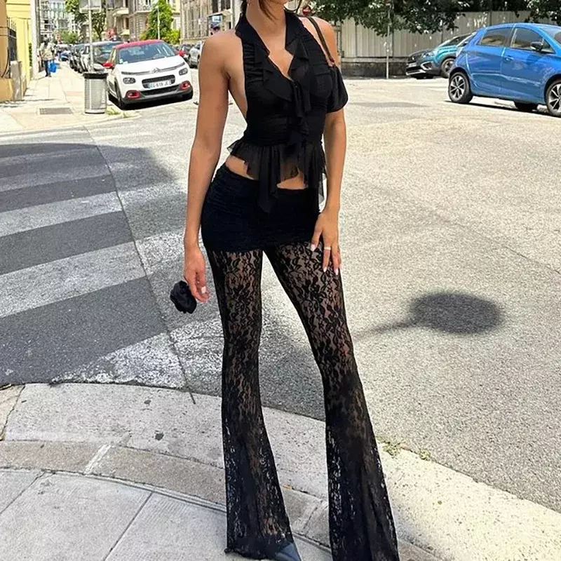 Women's Lace See-through Flare Pants Sexy Slim Patchwork High Waist Full Length Pants Spring Summer Street Trousers New YWFD004