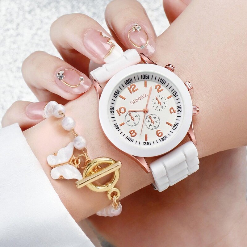 Jam tangan wanita kasual, 5/2 buah Set mewah kalung cincin anting berlian imitasi gelang jam tangan wanita (tanpa kotak)