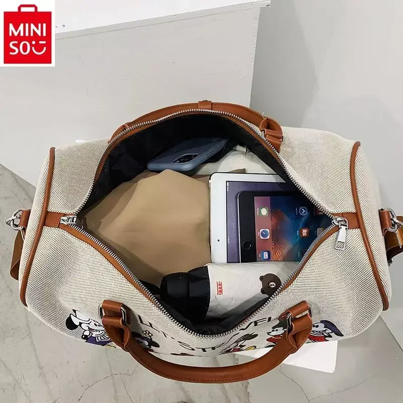 MINISO Disney Fashion Canvas Mickey Printed Travel Handbag Student Large Capacity Casual Storage Luggage Bag