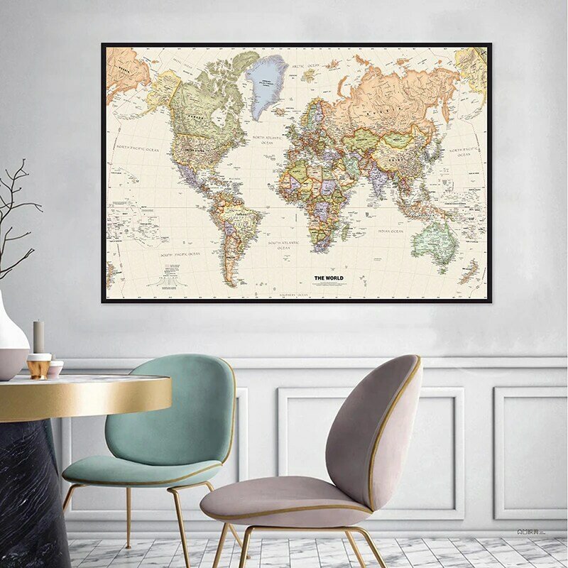 세계 지도 빈티지 포스터 부직포 그림 벽 프레임 인쇄 장식, 학교 공부방 용품, 120x80cm