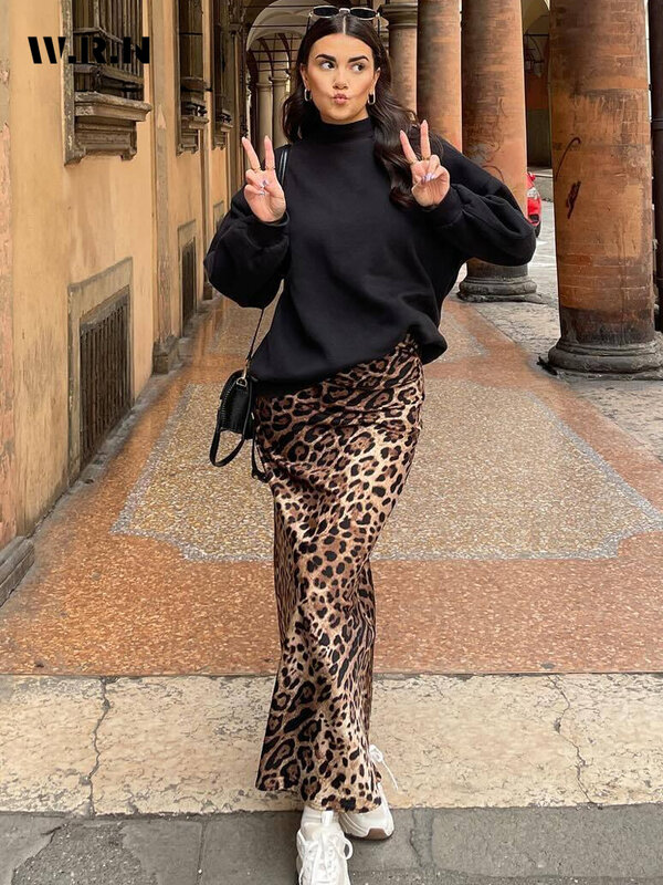 Faldas largas con estampado de leopardo para mujer, ropa de calle informal de cintura alta, estilo Retro americano, falda acampanada