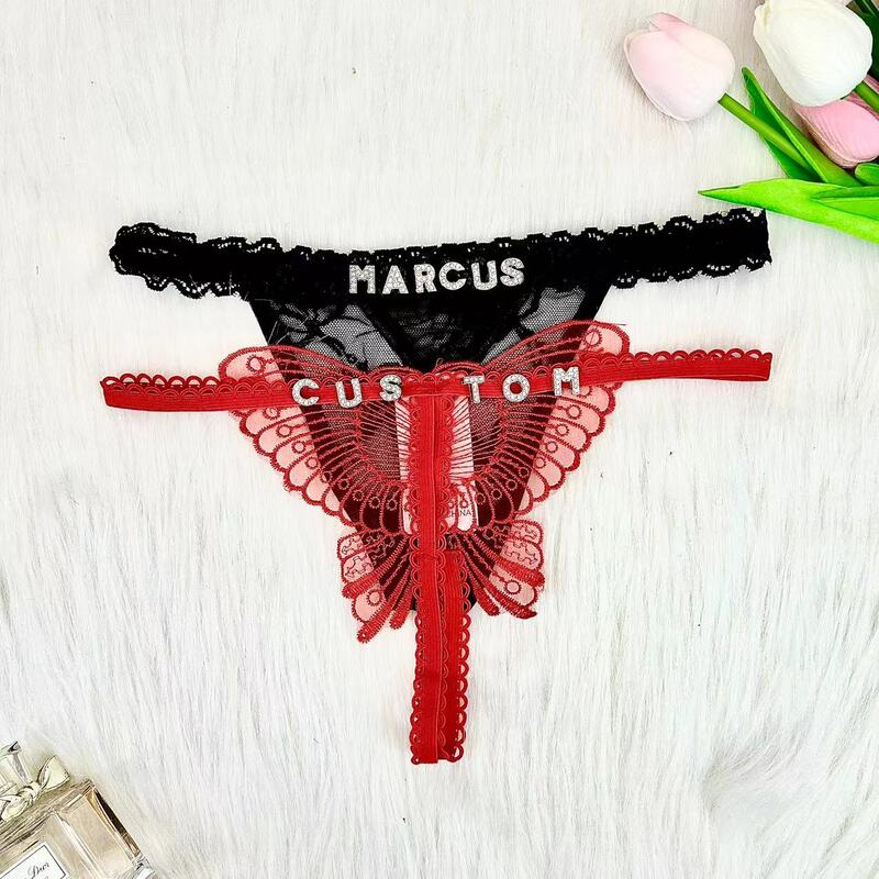 2pc/set Custom Thong with Name Customized Name Panties Women Butterfly G-String With Rhinestone Letters Tanga Lingerie Bikini