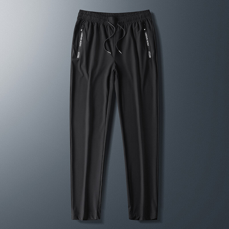 Pantalones elásticos de verano para hombre, pantalón informal holgado de talla grande, cintura elástica con cremallera, seda de hielo, negro y gris, de secado rápido