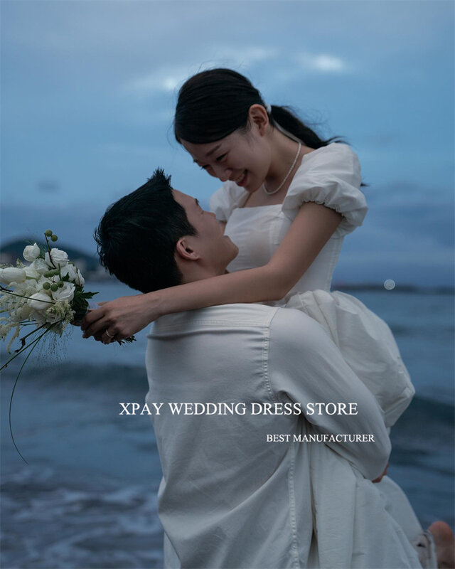Простое винтажное ТРАПЕЦИЕВИДНОЕ корейское свадебное платье XPAY, свадебные платья с пышными короткими рукавами и квадратным вырезом для фотосессии, пляжные и кантри на заказ