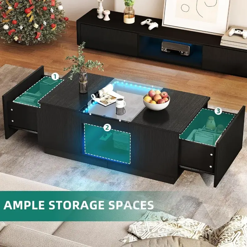 Coffee Table with Storage with LED Lights, 2 Tiers and 2 Drawers, Large Tables with USB Ports and Type-C, Coffee Table