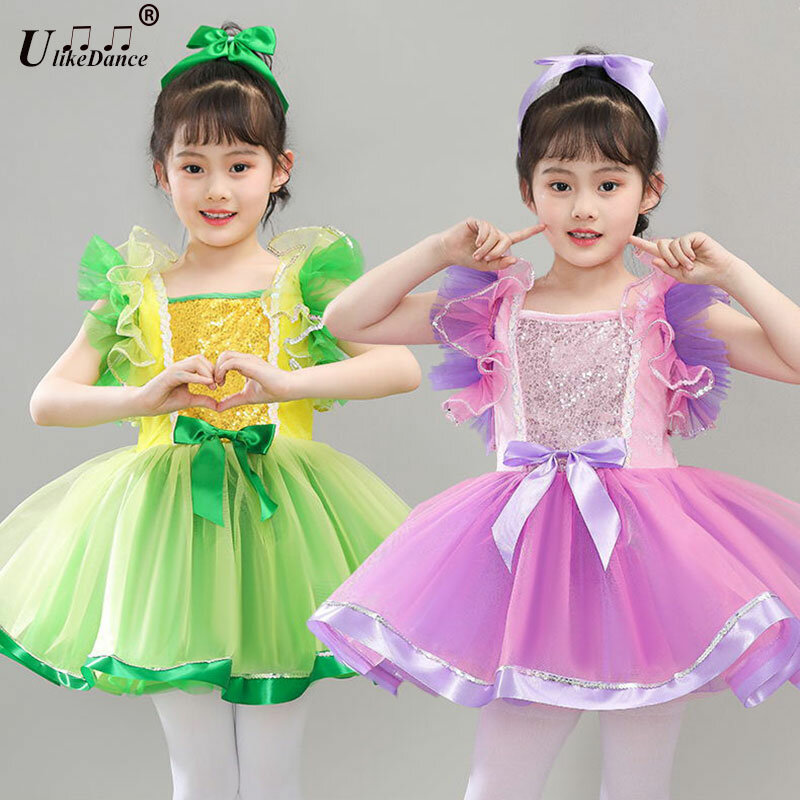 Vestido Tutu de dança moderna lantejoulas para meninas, roupas infantis, vestidos de dança jazz, vestido de baile