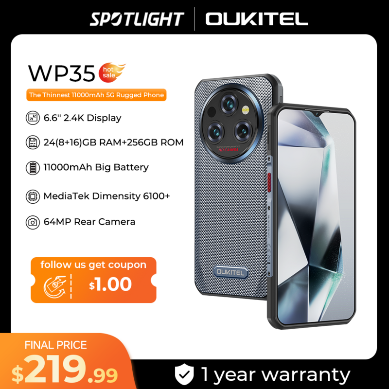 Ponsel pintar Oukitel WP35, telepon genggam Android 11000 mAh 24GB + 256GB 5G, NFC 14 64 MP