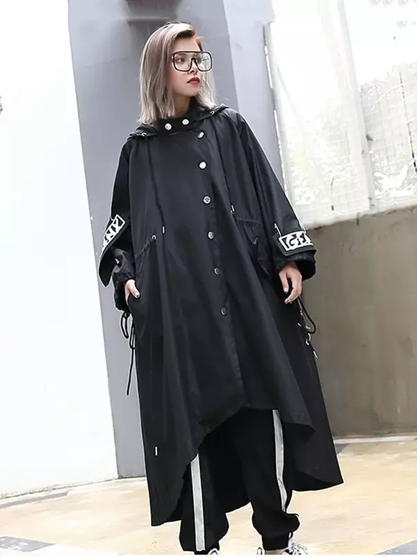 Xitao-女性用の黒のトレンチコート,ロングプリント,ストリートウェア,フード付きスウェットシャツ,カジュアルなウエストコート,zll1100,トレンド2019