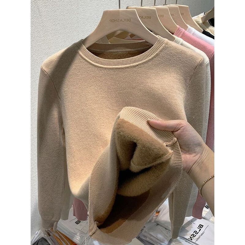 Ropa interior térmica de lana para mujer, suéter de cuello redondo, terciopelo súper suave con camisa de fondo de punto cálida de Color sólido, Invierno