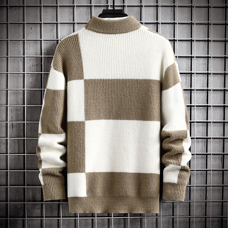Sweater rajut pria, baju sweater Slim Fit 4XL-M leher bulat kotak-kotak, Pullover musim gugur dan musim dingin