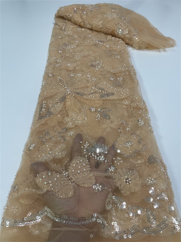 Tela de encaje africano para vestido de fiesta, tejido francés de alta calidad con lentejuelas y flores 3D, bordado de cuentas, tul, 2024
