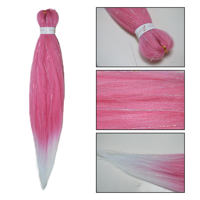 Tinsel EZ-Tresses droites ombrées roses et blanches pour filles, extension de cheveux rave, cheveux de jour