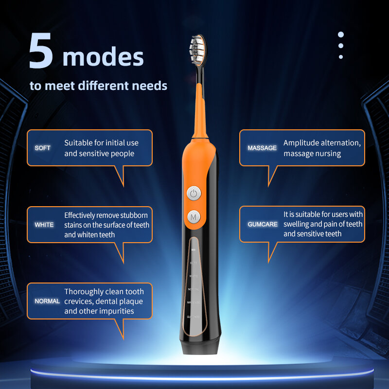 SUBORT S9 Elektrische Schallzahnbürste, kabellos, wiederaufladbar über USB, Aufhellungszahnbürste, wasserdicht, automatische Ultraschall-Zahnbürste