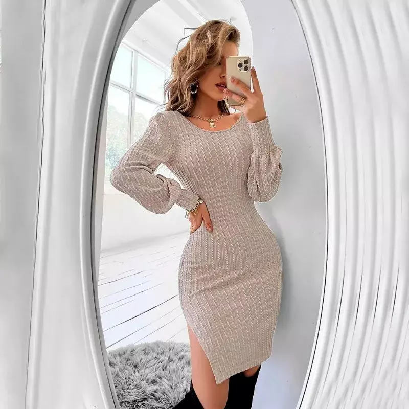 2024 New Women's Dress Sexy Round Neck Hollow Out Long Sleeve Mini Lace Dress Elegant Sexy Splice Lace Slim Hip Wrap Skirt YSQ45