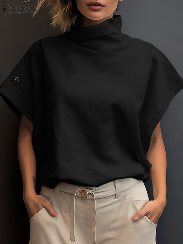 ZANZEA-Blusa de manga curta feminina, gola alta sólida, camisa de escritório, tops OL, túnica grande, moda feminina, verão