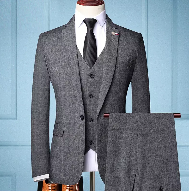 Conjunto de terno xadrez fino masculino, negócio formal, vestido de noiva noivo, moda, 3 peças