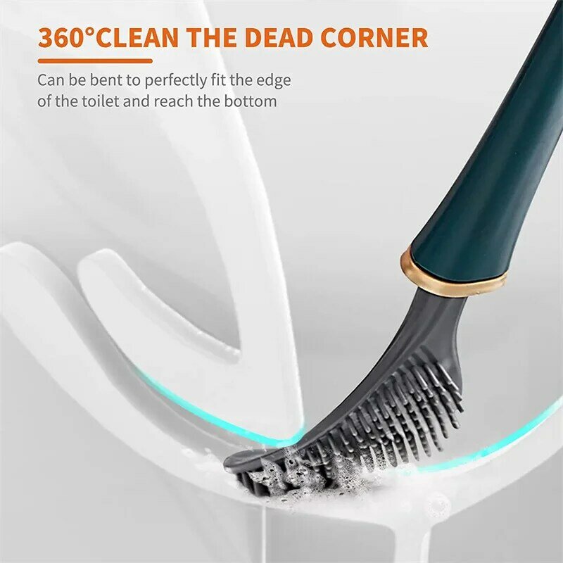 Silicone Toilet Brushes with Holder Set Wall-Mounted Long Handled Toilet Cleaning Brush Modern Hygienic Bathroom Accessories