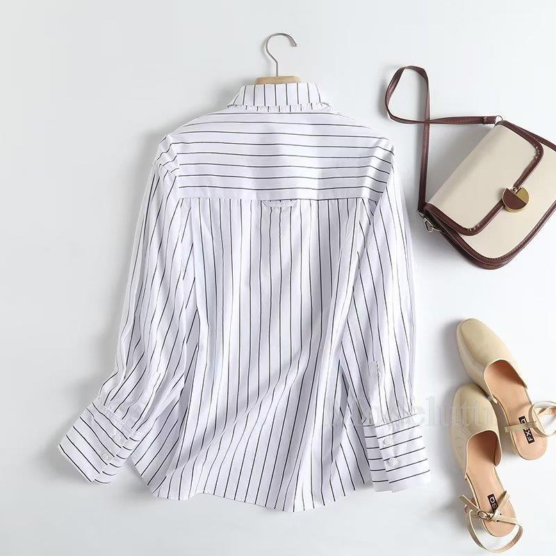 Modelutti 2023 New Spring Summer Fashion Long Sleeve Lapel Striped Shirt Woman Loose Blouses Wild Simple Casual Tops Female